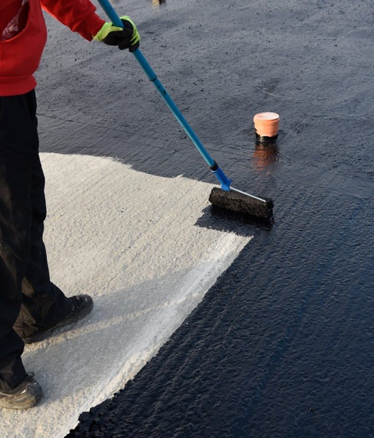 Waterproofing,Coating.,Worker,Applies,Bitumen,Mastic,On,The,Foundation.,Roofer Waterproofing,Coating.,Worker,Applies,Bitumen,Mastic,On,The,Foundation.,Roofer